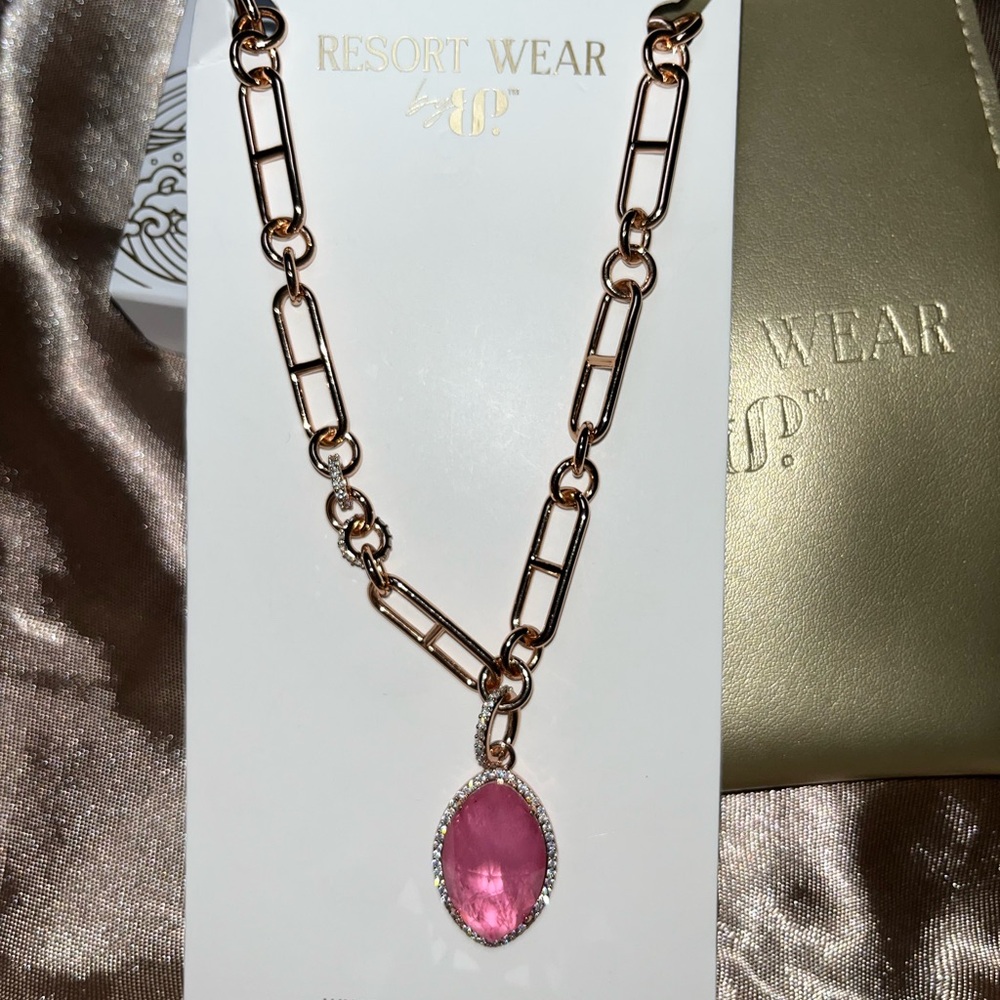 Resort Wear Rose Gold Necklace with Pink Gemstone